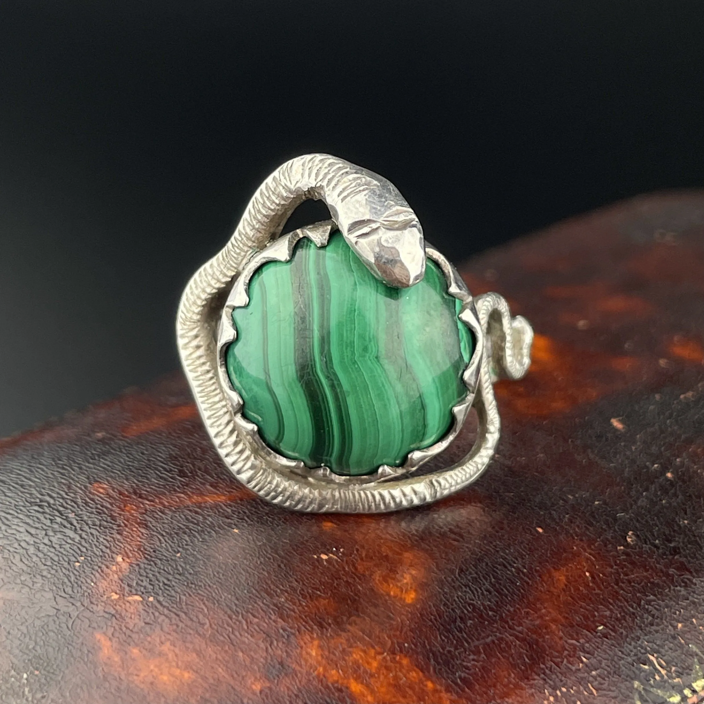 Vintage Silver Snake Wrapped Malachite Ring, Sz 8 1/4