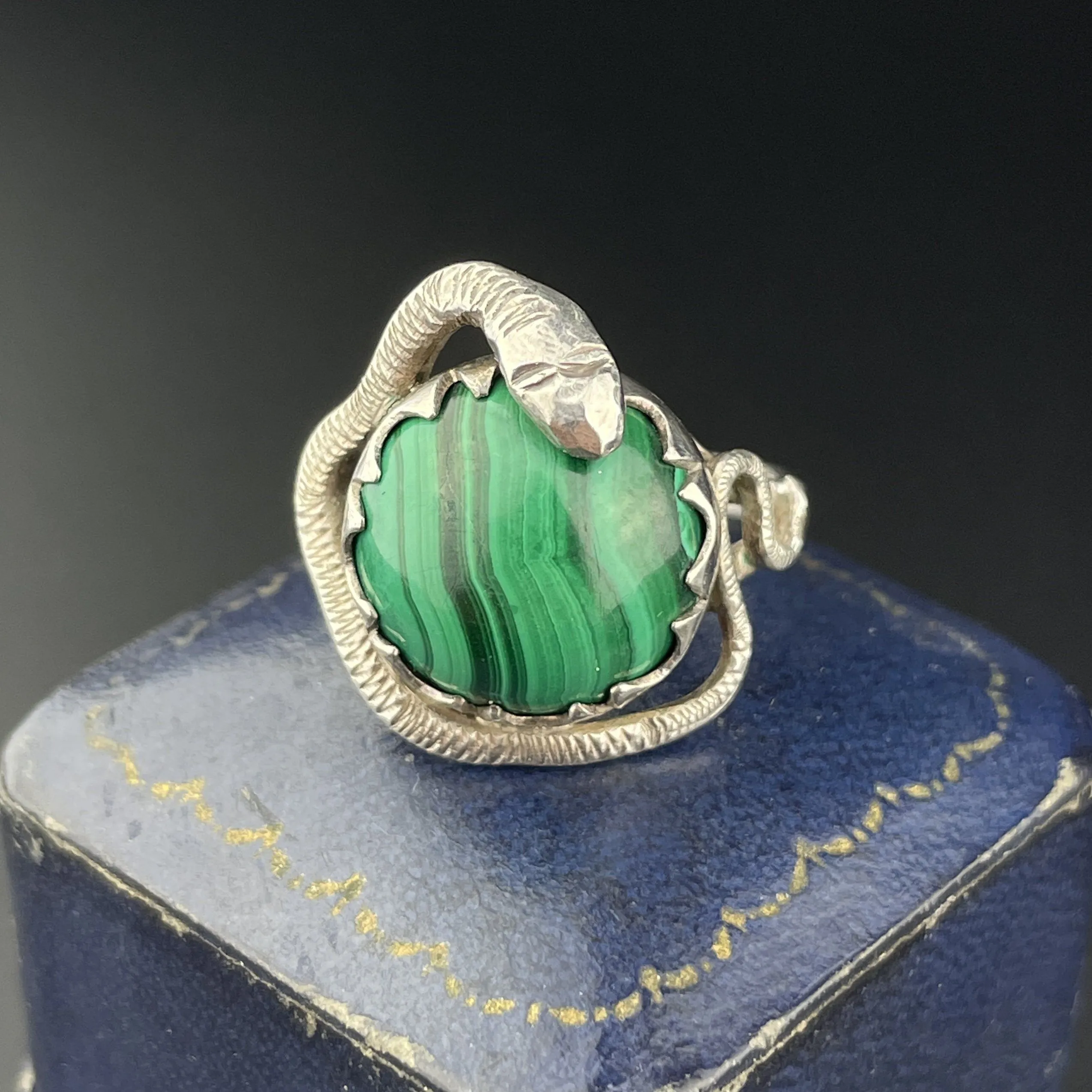 Vintage Silver Snake Wrapped Malachite Ring, Sz 8 1/4