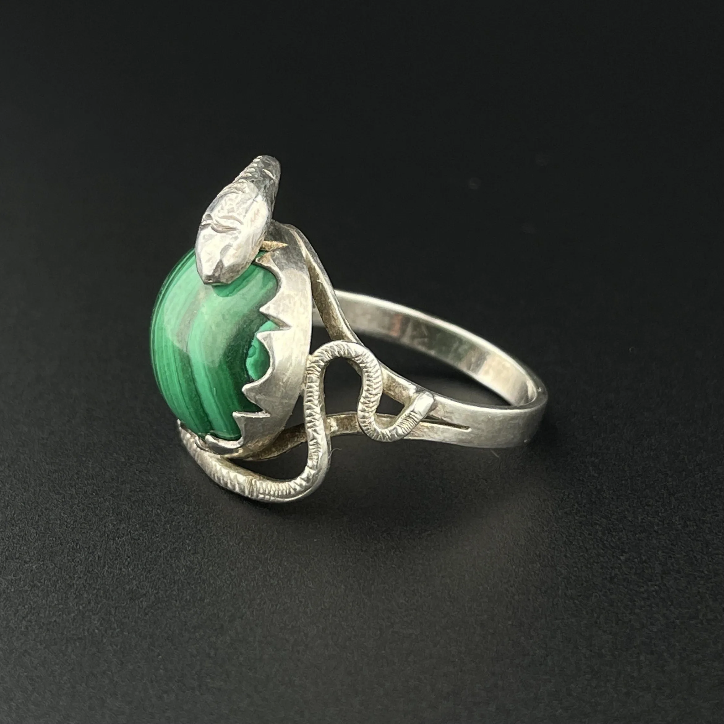 Vintage Silver Snake Wrapped Malachite Ring, Sz 8 1/4