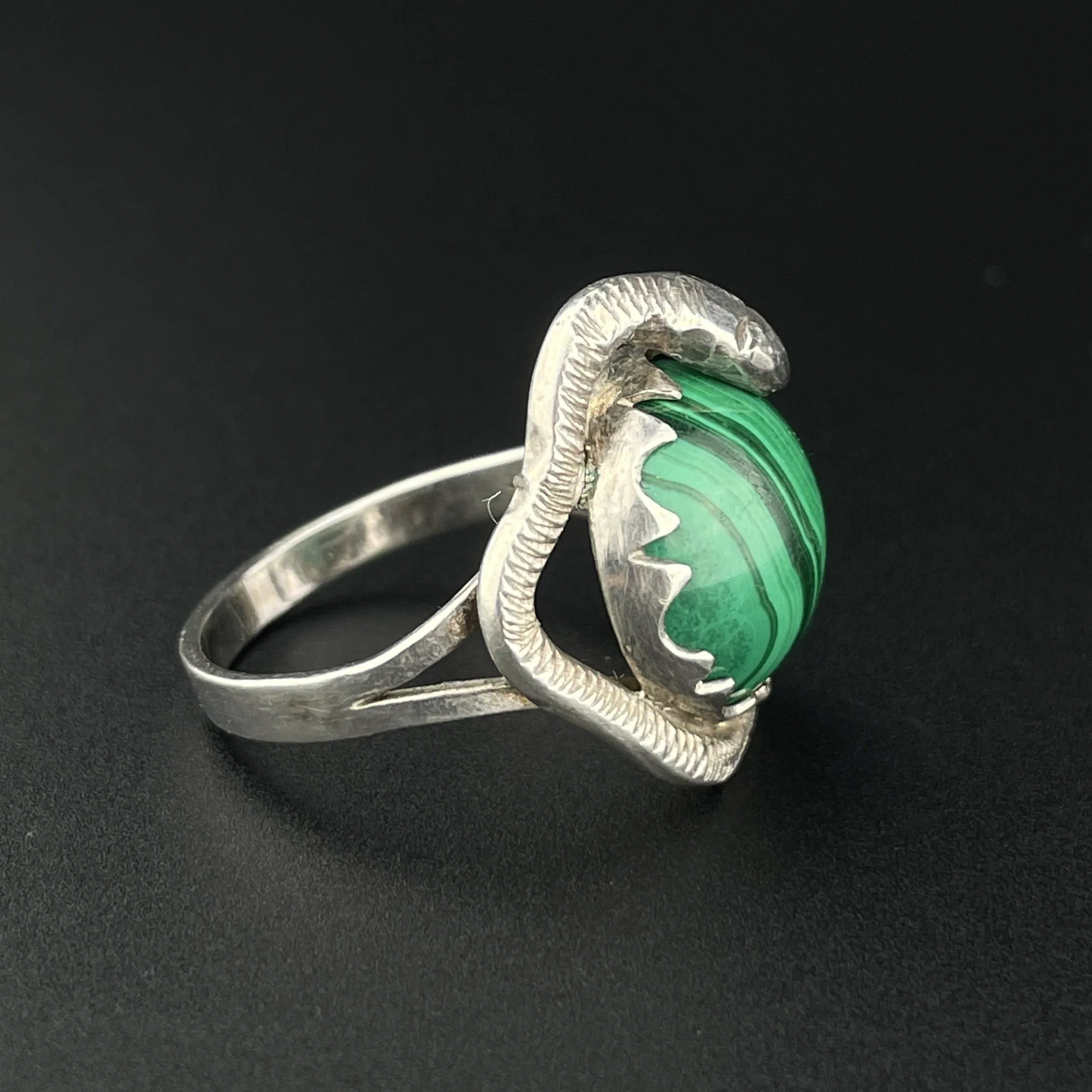 Vintage Silver Snake Wrapped Malachite Ring, Sz 8 1/4