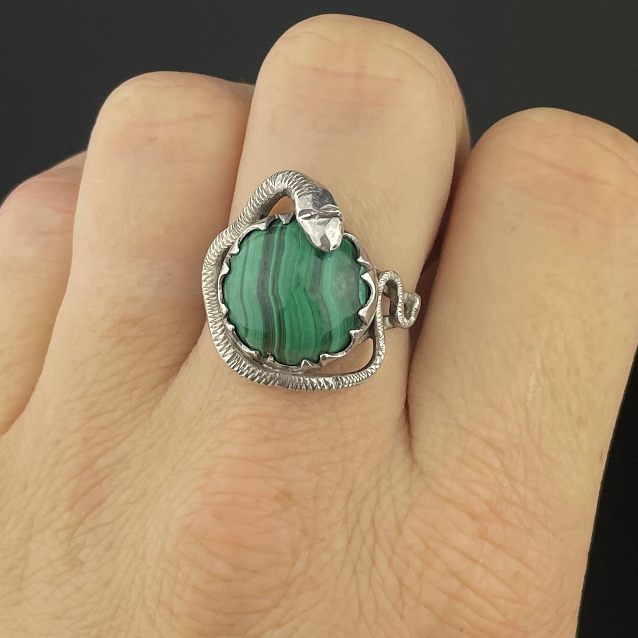 Vintage Silver Snake Wrapped Malachite Ring, Sz 8 1/4