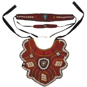 Vintage Tibetan Coral Beaded Breastplate Bib Collar w Belt and Necklace