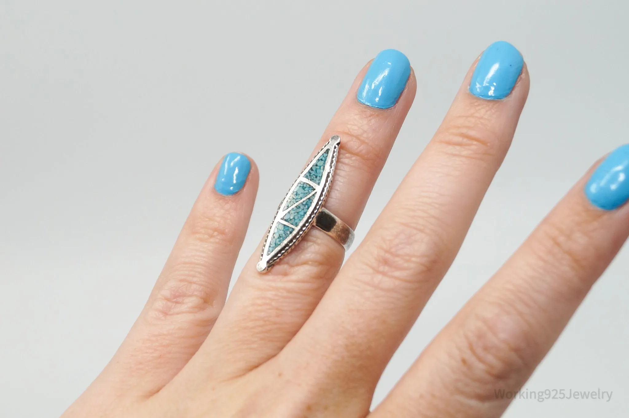 Vtg Native American Crushed Turquoise Unsigned Sterling Silver Ring - Sz 5