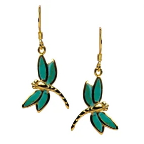 Yellow Gold Green Turquoise Dragonfly Earrings